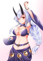 Rule 34 | 1girl, armpits, belt, bikini, braid, breasts, cleavage, commentary request, controller, detached sleeves, earrings, fate/grand order, fate (series), game controller, gradient background, hair between eyes, horns, jewelry, large breasts, long hair, oni horns, pink background, purple belt, purple bikini, purple sarong, purple sleeves, sarong, sidelocks, silver hair, single braid, solo, swimsuit, tetsuhige, tomoe gozen (fate), tomoe gozen (swimsuit saber) (fate), tomoe gozen (swimsuit saber) (second ascension) (fate), white background, white sleeves