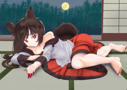 Rule 34 | 1girl, animal ears, bamboo, bamboo forest, barefoot, breasts, brooch, brown hair, collarbone, commentary, feet, fingernails, forest, frown, full body, full moon, highres, imaizumi kagerou, indoors, jewelry, long fingernails, long hair, looking at viewer, lying, medium breasts, moon, nail polish, nature, night, off-shoulder shirt, off shoulder, on side, red eyes, red skirt, sharp fingernails, shirt, shouji, skirt, sliding doors, solo, stray56, tail, tatami, toenail polish, toenails, toes, touhou, white shirt, wolf ears, wolf girl, wolf tail