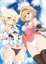 Rule 34 | 2girls, absurdres, black legwear, blonde hair, blue sky, blush, breasts, brown eyes, clothes lift, cloud, commentary request, crossover, day, djeeta (granblue fantasy), dress, dress lift, fang, flower, gauntlets, genshin impact, granblue fantasy, hair between eyes, hair flower, hair ornament, hairband, highres, lifted by self, long hair, lumine (genshin impact), medium breasts, momio, multiple girls, open mouth, panties, red hairband, short hair, sky, thighhighs, underwear, white dress