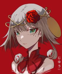 Rule 34 | 1girl, 2021, absurdres, artist name, bare shoulders, blue eyes, border, breasts, closed mouth, colored inner hair, cropped torso, crown of thorns, destiny (takt op.), detached collar, eyeshadow, finger to own chin, flower, grey hair, hair ornament, highres, jhaysie, looking at viewer, makeup, multicolored hair, red background, red eyeshadow, red flower, red rose, rose, short hair with long locks, simple background, solo, takt op., thorns, upper body