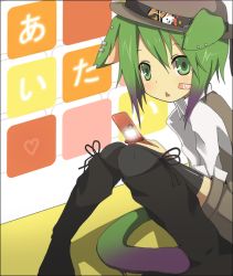 Rule 34 | 1girl, :&lt;, animal ears, bad id, bad pixiv id, bandaid, bandaid on face, black thighhighs, boots, cat ears, cat girl, cat tail, cellphone, female focus, gradient hair, green eyes, green hair, hat, knee boots, knees together feet apart, matching hair/eyes, multicolored hair, original, phone, purple hair, short hair, sitting, solo, tail, thighhighs, triangle mouth, yuuba, zettai ryouiki