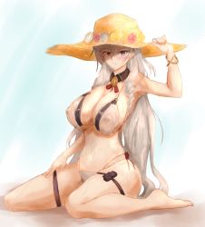 Rule 34 | 1girl, absurdres, algerie (azur lane), algerie (white sand paradise) (azur lane), algerie (white sand paradise) (azur lane), artist request, azur lane, bikini, breasts, brown bikini, covered erect nipples, drill hair, flower, full body, hair between eyes, hanging breasts, hat, hat flower, highres, large breasts, long hair, looking at viewer, mole, mole on breast, mole under eye, neck ribbon, o-ring, o-ring top, red flower, ribbon, sitting, solo, straw hat, swimsuit, thigh strap, two-tone bikini, very long hair, wariza, white bikini, white hair, yellow flower
