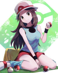 Rule 34 | 1girl, absurdres, bag, black wristband, blue legwear, blue shirt, brown eyes, brown hair, bucket hat, commentary request, creatures (company), game freak, hair flaps, hat, highres, holding, holding poke ball, leaf (pokemon), long hair, loose socks, md5 mismatch, nintendo, poke ball, poke ball (basic), pokemon, pokemon frlg, red skirt, resolution mismatch, shirt, shoes, sitting, skirt, sleeveless, sleeveless shirt, socks, solo, source smaller, ton (user jpmr3338), unworn bag, white footwear, white hat, wristband, yellow bag