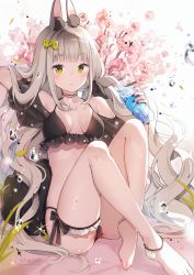 Rule 34 | 1girl, :o, animal ear fluff, animal ears, anklet, arm behind head, arm up, bare shoulders, barefoot, bikini, black bikini, blunt bangs, bottle, bow, breasts, bridal garter, cherry blossoms, collarbone, commentary, crossed ankles, frilled bikini, frills, hair bow, highres, holding, jewelry, knees up, long hair, medium breasts, necklace, original, platinum blonde hair, rabbit ears, rabbit girl, short sleeves, sidelocks, sitting, star (symbol), swimsuit, symbol-only commentary, thigh strap, thighs, twintails, water bottle, water drop, wavy hair, yellow bow, yellow eyes, yennineii