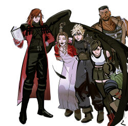 Rule 34 | 3boys, 3girls, aerith gainsborough, arms behind back, barret wallace, beard, belt, black footwear, black pants, black shirt, black skirt, black thighhighs, black wings, book, boots, breasts, brown belt, brown footwear, brown vest, closed eyes, closed mouth, cloud strife, crop top, cropped jacket, dark-skinned male, dark skin, dirge of cerberus final fantasy vii, dog tags, dress, elbow gloves, facial hair, facial scar, falling feathers, feathers, final fantasy, final fantasy vii, final fantasy vii rebirth, final fantasy vii remake, full body, genesis rhapsodos, gloves, green shirt, hair over one eye, hair ribbon, hand on own hip, highres, holding, holding book, jacket, leaning forward, long dress, long hair, long sleeves, medium breasts, medium hair, midriff, multiple belts, multiple boys, multiple girls, newb ff7r, open mouth, pants, parted bangs, pink dress, pink ribbon, red jacket, ribbon, scar, scar on cheek, scar on face, shirt, short hair, short sleeves, sidelocks, single wing, skirt, sleeveless, sleeveless shirt, sleeveless turtleneck, smile, spiked hair, suspenders, swept bangs, thighhighs, tifa lockhart, turtleneck, very short hair, vest, white background, white shirt, wings, yuffie kisaragi