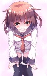 Rule 34 | 10s, 1girl, black thighhighs, blush, brown eyes, brown hair, collarbone, cowboy shot, folded ponytail, hair ornament, hairclip, highres, ikazuchi (kancolle), kantai collection, knees together feet apart, leaning forward, looking at viewer, neckerchief, no pants, panties, panty pull, pulled by self, red neckerchief, removing panties, school uniform, serafuku, short hair, smile, solo, split mouth, sumioo (sumikko no ousama), thighhighs, underwear, undressing, white panties