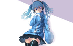 Rule 34 | 1girl, absurdres, ahoge, black thighhighs, blue eyes, blue hair, blurry, ene (kagerou project), headphones, highres, jacket, kagerou project, long hair, looking at viewer, matching hair/eyes, mr.blackcat666, pleated skirt, shadow, skirt, sleeves past wrists, solo, thighhighs, track jacket, twintails, zettai ryouiki, zipper