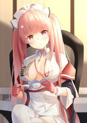Rule 34 | 1girl, azur lane, black choker, blush, breasts, center opening, chair, choker, cleavage, commentary request, crossed legs, gloves, hair ornament, hat, highres, holding, holding removed eyewear, id card, large breasts, looking at viewer, nurse, nurse cap, office chair, perseus (azur lane), perseus (unfamiliar duties) (azur lane), pink eyes, pink gloves, pink hair, swivel chair, thighhighs, twintails, unworn eyewear, white hat, white thighhighs, x hair ornament, yorumon