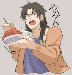 Rule 34 | 1boy, black eyes, black hair, bomber jacket, brown jacket, commentary request, curry, curry rice, eating, facial scar, food, food on face, grey background, grey shirt, highres, holding, holding plate, holding spoon, inudori, itou kaiji, jacket, kaiji, long hair, looking at viewer, male focus, medium bangs, open mouth, parted bangs, plate, rice, rice on face, scar, scar on cheek, scar on face, scar on hand, shirt, simple background, solo, spoon, teeth, upper body, upper teeth only, v-shaped eyebrows
