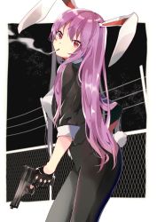 Rule 34 | 1girl, absurdres, animal ears, black gloves, black jacket, black pants, blazer, border, breasts, chain-link fence, cigarette, commentary request, cowboy shot, fence, fingerless gloves, gloves, gun, hand on own hip, handgun, head tilt, highres, holding, holding gun, holding weapon, jacket, long hair, looking at viewer, medium breasts, night, night sky, outside border, pants, pistol, purple hair, rabbit ears, rabbit girl, rabbit tail, red eyes, reisen udongein inaba, satoupote, shirt, short sleeves, sky, smoke, smoking, solo, standing, tail, thighs, touhou, very long hair, weapon, white border, white shirt