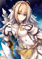 Rule 34 | 10s, 1girl, aestus estus, ahoge, belt, blonde hair, bodysuit, breasts, bridal veil, chain, closed mouth, dutch angle, fate/extra, fate/extra ccc, fate (series), gloves, green eyes, hair intakes, hand on own chest, hand up, hirai yuzuki, holding, holding sword, holding weapon, lock, looking at viewer, medium breasts, nero claudius (bride) (fate), nero claudius (fate), nero claudius (fate) (all), padlock, showgirl skirt, sidelocks, smile, solo, sword, upper body, veil, weapon, white gloves