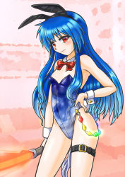 Rule 34 | 1girl, animal ears, bare legs, blue hair, blue leotard, bow, bowtie, breasts, chain, contrapposto, covered navel, cowboy shot, detached collar, gradient leotard, hand on own hip, hinanawi tenshi, holding, holding weapon, leg belt, leotard, long hair, looking at viewer, mail (mail gell), playboy bunny, rabbit ears, rabbit tail, red bow, red bowtie, red eyes, small breasts, solo, standing, sword, sword of hisou, tail, touhou, weapon, wrist cuffs