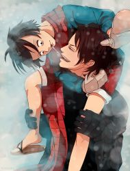 Rule 34 | 2boys, brothers, candy, candy cane, carrying, eating, food, freckles, gloves, highres, jacket, male focus, marmaladica, monkey d. luffy, multiple boys, one piece, portgas d. ace, sandals, scar, scarf, shoulder carry, siblings, snow