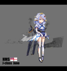 Rule 34 | 1girl, absurdres, anger vein, blue hair, brown eyes, character name, elbow gloves, english text, gloves, highres, hms juno (zhan jian shao nyu), juno (warship girls r), letterboxed, official art, panties, pantyshot, photo background, pleated skirt, royal navy, shaded face, sirills, skirt, solo, thighhighs, underwear, upskirt, warship girls r, white gloves, white panties, zettai ryouiki, zhan jian shaonu