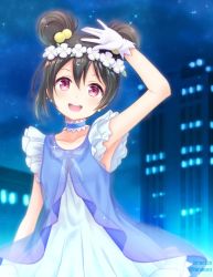 Rule 34 | 1girl, :d, \||/, alternate hairstyle, black hair, blue background, blue choker, choker, collarbone, commentary request, dated, double bun, dress, earrings, frills, gloves, hair bobbles, hair bun, hair ornament, head wreath, hirako, jewelry, looking at viewer, love live!, love live! school idol project, neck ribbon, night, open mouth, outdoors, red eyes, ribbon, round teeth, smile, solo, sparkle, teeth, twitter username, upper teeth only, white gloves, yazawa nico