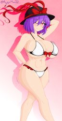 Rule 34 | abs, arm up, armpits, bikini, blinking, bow, breasts, frills, hat, highres, huge breasts, legs, megamoo, nagae iku, pink background, purple hair, red bow, red eyes, red ribbon, ribbon, smile, solo, swimsuit, thighhighs, thighs, touhou, white bikini