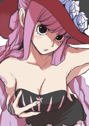 Rule 34 | 1girl, :o, aosora2823, bare shoulders, black dress, black eyes, blush, breasts, brown background, cleavage, collarbone, dress, flower, grabbing own breast, hand on own hip, hand up, hat, hat flower, highres, large breasts, long hair, one piece, open mouth, perona, pink hair, red hat, simple background, solo, strapless, strapless dress, very long hair, watch, white flower, wristwatch