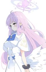 Rule 34 | absurdres, angel, angel wings, blue archive, breasts, dress, halo, highres, large breasts, mika (blue archive), ocha (popopogg), pink hair, ribbon trim, school uniform, white dress, white wings, wings, yellow eyes