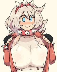 Rule 34 | 1girl, blue eyes, blush, breasts, collarbone, elphelt valentine, gloves, guilty gear, guilty gear strive, hair ornament, highres, large breasts, looking at viewer, navel, notnoe (dxcl), short hair, simple background, smile, solo, upper body, white background, white hair