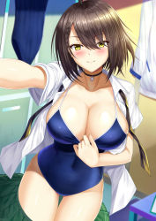 Rule 34 | 1girl, azur lane, baltimore (after-school ace) (azur lane), baltimore (azur lane), blue one-piece swimsuit, blush, braid, breasts, brown hair, cleavage, clothes pull, covered navel, foreshortening, highres, large breasts, looking at viewer, necktie, one-piece swimsuit, one-piece swimsuit pull, open clothes, open shirt, school swimsuit, selfie, shibata rai, shiny skin, short hair, smile, solo, standing, swimsuit, swimsuit under clothes, thighs, undone necktie, unworn swimsuit, yellow eyes
