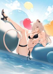 Rule 34 | 1girl, absurdres, alternate costume, animal ears, ass, balloon, bikini, black bikini, black nails, bracelet, breasts, cloud, commentary request, day, ear piercing, feet, full body, grey eyes, grey hair, hair over one eye, hands up, high heels, highres, hololive, jewelry, large breasts, legs, legs up, lion ears, lion tail, long hair, long legs, momomooq, navel, outdoors, parted bangs, piercing, sandals, shadow, shishiro botan, side-tie bikini bottom, sky, solo, swimsuit, tail, thigh strap, toes, virtual youtuber, water