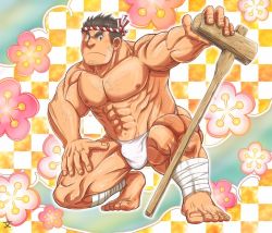 Rule 34 | 1boy, abs, bad id, bad twitter id, bandages, bara, beard, black hair, body hair, bunta ru, chest hair, cross scar, facial hair, full body, fundoshi, houzouin oniwaka, japanese clothes, large pectorals, long sideburns, looking at viewer, male focus, male underwear, manly, mononobe kyoma, muscular, pectorals, revealing clothes, scar, scar on face, scar on forehead, sideburns, simple background, solo, stubble, thick eyebrows, tokyo houkago summoners, underwear, white male underwear