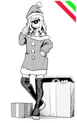 Rule 34 | 1girl, 1other, bare shoulders, blonde hair, boots, box, christmas, commentary request, crossed legs, cyclops, dithering, full body, gift, gift box, greyscale, halftone, hand on own hip, hat, head tilt, hiding, long hair, looking at viewer, monochrome, one-eyed, platform boots, platform footwear, santa costume, santa hat, simple background, spot color, standing, thigh boots, thighhighs, white background, yakochu