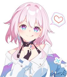 Rule 34 | 1girl, absurdres, artist name, black choker, black gloves, blue eyes, blue jacket, blush, choker, closed mouth, commentary, dress shirt, earrings, english commentary, flower ornament, fuhito07, gloves, hand on own chin, highres, honkai: star rail, honkai (series), jacket, jewelry, long sleeves, march 7th (honkai: star rail), medium hair, partially fingerless gloves, pink eyes, pink hair, shirt, single earring, single glove, solo, tongue, tongue out, two-tone eyes, upper body, v, white shirt