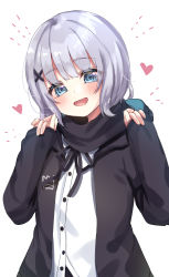 Rule 34 | 1girl, :d, black jacket, black ribbon, black scarf, blue eyes, copyright request, hair ornament, hairclip, hands up, head tilt, heart, highres, jacket, long sleeves, looking at viewer, neck ribbon, open clothes, open jacket, open mouth, ribbon, scarf, shirt, silver hair, simple background, sleeves past wrists, smile, solo, suzu (minagi), upper body, virtual youtuber, white background, white shirt, x hair ornament