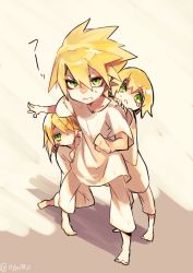 Rule 34 | 1girl, 2boys, angry, bad id, bad pixiv id, barefoot, blazblue, blonde hair, child, clenched teeth, color connection, green eyes, hair color connection, hiding, hiding behind another, hyakuhachi (over3), kisaragi jin, kneeling, looking at viewer, multiple boys, pants, ragna the bloodedge, saya (blazblue), shirt, siblings, spiked hair, tears, teeth, twitter username, white pants, white shirt, aged down