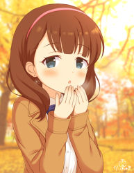 Rule 34 | 1girl, :o, autumn, autumn leaves, blue eyes, blue neckwear, blush, breath, breathing on hands, brown hair, brown jacket, collared shirt, commentary request, day, dress shirt, earrings, fingernails, hairband, hands up, heart, heart earrings, idolmaster, idolmaster cinderella girls, idolmaster cinderella girls starlight stage, jacket, jewelry, kaiware-san, long hair, long sleeves, looking at viewer, outdoors, parted lips, pink hairband, sakuma mayu, shirt, signature, solo, white shirt