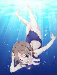 Rule 34 | 10s, 1girl, ass, bad id, bad pixiv id, blue eyes, blue one-piece swimsuit, breasts, brown hair, bubble, fish, foreshortening, freediving, highres, holding breath, kneepits, looking at viewer, love live!, love live! school idol project, love live! sunshine!!, medium breasts, numpopo, one-piece swimsuit, open mouth, parted bangs, salute, short hair, smile, solo, sunlight, swept bangs, swimming, swimsuit, underwater, watanabe you, water