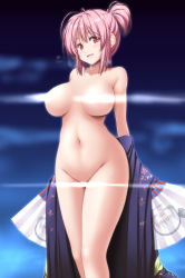 Rule 34 | 1girl, breasts, breasts apart, breath, censored, collarbone, commentary, commentary request, cosplay, fatal fury, feet out of frame, hand fan, highres, japanese clothes, kimono, konpaku youmu, large breasts, light censor, looking at viewer, navel, censored nipples, nori tamago, nude, paper fan, parted lips, pink hair, red eyes, saigyouji yuyuko, shiranui mai, shiranui mai (cosplay), short hair, short ponytail, smile, solo, sweat, the king of fighters, touhou, undressing