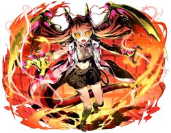Rule 34 | 1girl, black shorts, crop top, divine gate, dragon wings, fang, floating hair, full body, hair between eyes, highres, horns, kneehighs, long hair, looking at viewer, midriff, navel, open mouth, red hair, short shorts, shorts, simple background, slit pupils, socks, solo, stomach, tail, ucmm, very long hair, white background, wings, yellow eyes, yellow wings