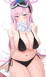 Rule 34 | 1girl, bed sheet, bikini, black bikini, blue archive, blush, breasts, cleavage, condom box, eimi (blue archive), eimi (swimsuit) (blue archive), goggles, goggles on head, halo, highres, huge breasts, looking at viewer, navel, official alternate costume, pink hair, purple eyes, side-tie bikini bottom, sidelocks, simple background, sitting, ski goggles, solo, steaming body, stomach, sweat, swimsuit, thick thighs, thighs, tsumayouji (tumayog), white background