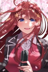 Rule 34 | 1girl, :d, ahoge, black jacket, blush, cherry blossoms, collared shirt, floating hair, go-toubun no hanayome, hair ornament, highres, holding, igarashi kyouhei, jacket, long hair, looking at viewer, nakano itsuki, open clothes, open jacket, open mouth, purple eyes, red hair, red vest, round teeth, shirt, smile, solo, star (symbol), star hair ornament, teeth, upper body, upper teeth only, vest, wing collar