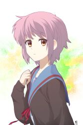 Rule 34 | 1girl, blue sailor collar, brown cardigan, brown eyes, cardigan, closed mouth, commentary request, expressionless, from side, highres, kikumaru bunta, kita high school uniform, long sleeves, looking at viewer, looking to the side, nagato yuki, open cardigan, open clothes, purple hair, red ribbon, ribbon, sailor collar, school uniform, serafuku, short hair, solo, suzumiya haruhi no yuuutsu, upper body, winter uniform