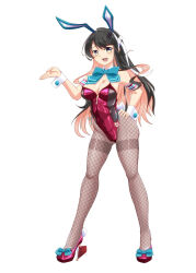 Rule 34 | 1girl, alternate costume, animal ears, aqua bow, aqua bowtie, arm cuffs, arms behind head, black hair, black pantyhose, blue background, bow, bowtie, breasts, colored inner hair, covered navel, detached collar, detached sleeves, fake animal ears, fake tail, fang, fishnet pantyhose, fishnets, full body, high heels, highleg, highleg leotard, highres, kantai collection, large breasts, leotard, long hair, looking at viewer, medium breasts, moke ro, multicolored hair, naganami (kancolle), naganami kai ni (kancolle), open mouth, pantyhose, pink hair, pink leotard, playboy bunny, rabbit ears, rabbit tail, smile, solo, strapless, strapless leotard, tail, traditional bowtie, two-tone hair, wavy hair, wrist cuffs