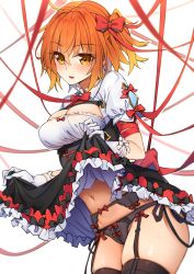 Rule 34 | 1girl, :d, ahoge, alternate costume, black bow, black dress, black panties, black thighhighs, blush, bow, breasts, cleavage, cleavage cutout, clothes lift, clothing cutout, corset, dress, dress lift, fate/grand order, fate (series), frilled dress, frills, fujimaru ritsuka (female), garter belt, gloves, hair bow, highres, lifted by self, looking at viewer, medium breasts, navel, one side up, open mouth, orange eyes, orange hair, panties, puffy short sleeves, puffy sleeves, red bow, ribbon, short hair, short sleeves, shuutou haruka, skindentation, smile, solo, thighhighs, underwear, upskirt, white background, white gloves