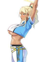 Rule 34 | 1girl, absurdres, arms up, blonde hair, blue archive, breasts, cowboy shot, crop top, dark-skinned female, dark skin, halo, highres, large breasts, leggings, nya (73809635), ponytail, shinon (blue archive), solo, white background, yellow halo