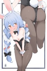 Rule 34 | 1girl, animal ear fluff, animal ears, ass, bare shoulders, black leotard, blue hair, blush, braid, breasts, brown pantyhose, carrot hair ornament, collarbone, covered navel, detached collar, food-themed hair ornament, hair ornament, highleg, highleg leotard, highres, hololive, leotard, light blue hair, long hair, looking to the side, mikozin, multicolored hair, multiple views, open mouth, orange eyes, pantyhose, playboy bunny, rabbit ears, rabbit girl, rabbit tail, short eyebrows, small breasts, smile, tail, thighs, twin braids, two-tone hair, usada pekora, virtual youtuber, white hair, wrist cuffs