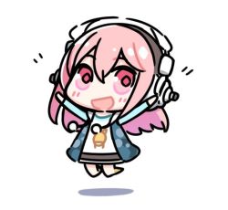 Rule 34 | 1girl, chibi, headphones, jumping, long hair, looking at viewer, minoa (lastswallow), nitroplus, open mouth, pink eyes, pink hair, smile, solo, super sonico, white background