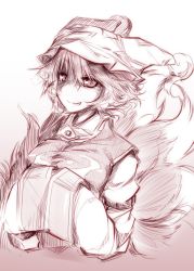 Rule 34 | 1girl, dress, female focus, fox tail, hat, kazetto, long sleeves, monochrome, multiple tails, own hands together, short hair, sketch, smile, solo, tail, touhou, yakumo ran