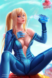 Rule 34 | 1girl, armor, blonde hair, blue eyes, blurry, bodysuit, bottle, breasts, cleavage, day, depth of field, deviantart username, eyelashes, glint, hair between eyes, highres, large breasts, long hair, looking at viewer, metroid, mole, mole on breast, mole on stomach, navel, nintendo, no bra, outdoors, patreon username, pilot suit, ponytail, pouring, pouring onto self, power armor, prywinko, realistic, samus aran, signature, sitting, skin tight, thighs, water, water bottle, watermark, web address, wet, wet hair, zero suit