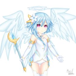 Rule 34 | 1girl, absurdres, artist name, bare shoulders, blue hair, cosplay, elbow gloves, feathered wings, flower, four goddesses online: cyber dimension neptune, gloves, hair flower, hair ornament, halo, highres, holding, holding staff, jewelry, long hair, looking at viewer, neptune (series), power symbol, power symbol-shaped pupils, red eyes, rhapsofree, rom (neptunia), simple background, smile, solo, staff, symbol-shaped pupils, white background, white gloves, white heart (neptunia), white heart (neptunia) (cosplay), white legwear, white sister rom, wings