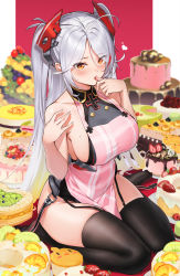 Rule 34 | 1girl, antenna hair, apron, azur lane, bare shoulders, black thighhighs, blush, breasts, cake, collarbone, commentary request, coronavirus pandemic, covered navel, cross, dessert, duan henglong, food, garter straps, hair between eyes, headgear, heart, highres, iron cross, large breasts, licking, licking finger, long hair, looking at viewer, mole, mole on breast, multicolored hair, orange eyes, pink apron, prinz eugen (azur lane), red hair, sideboob, silver hair, sitting, sleeveless, solo, streaked hair, sweets, swept bangs, thighhighs, thighs, two side up, very long hair
