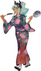 Rule 34 | 1girl, breasts, daniella (sennen sensou aigis), dark skin, dark-skinned female, earrings, hand fan, floral print, food, full body, green hair, holding, holding fan, holding food, japanese clothes, jewelry, kimono, large breasts, long hair, long sleeves, looking at viewer, mask, mask on head, obi, official art, open mouth, sandals, sash, sennen sensou aigis, sidelocks, simple background, solo, standing, tabi, white background