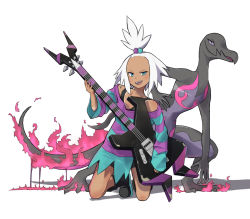 Rule 34 | &gt;:d, 1girl, :d, ari hinoko, bike shorts, black footwear, black shirt, blue eyes, boots, creatures (company), electric guitar, fire, forehead, freckles, full body, game freak, gen 7 pokemon, guitar, gym leader, hair bobbles, hair ornament, half updo, holding, holding instrument, instrument, kneeling, lizard, nintendo, open mouth, oversized clothes, oversized shirt, pokemon, pokemon (creature), pokemon bw, roxie (pokemon), salazzle, shadow, shirt, short hair, simple background, sleeves past wrists, smile, striped clothes, striped shirt, tail, tan, tank top, tanline, teeth, tongue, torn clothes, torn shirt, v-shaped eyebrows, white background, white hair