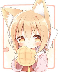 Rule 34 | 1girl, animal ear fluff, animal ears, ayanepuna, blush, borrowed character, bow, brown eyes, closed mouth, commentary request, eating, food, food on face, hair between eyes, hair bow, heart, highres, holding, holding food, jacket, light brown hair, long sleeves, open clothes, open jacket, original, pink jacket, red bow, shirt, sleeves past wrists, solo, upper body, wavy mouth, white bow, wide sleeves, yellow shirt