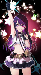 Rule 34 | 1girl, armpits, arms up, bare shoulders, belt, black gloves, black skirt, blush, brown belt, commentary, crop top, english commentary, frills, gloves, holding, holding microphone, hoshino ai (oshi no ko), idol, idol clothes, long hair, looking at viewer, microphone, navel, nyoro (nyoronyoro000), oshi no ko, purple eyes, purple hair, skirt, smile, solo, star-shaped pupils, star (symbol), star in eye, symbol-shaped pupils, symbol in eye